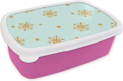 Broodtrommel Roze - Lunchbox - Brooddoos - Kerst - Patroon - Sneeuw - Goud - 18x12x6 cm - Kinderen - Meisje
