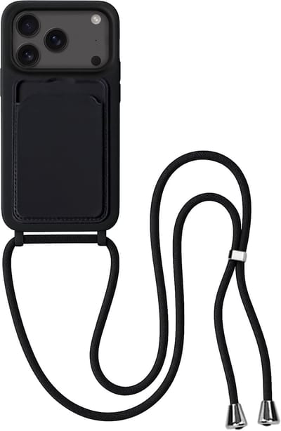 Hoes Geschikt voor iPhone 17 Pro / 18 Pro Hoesje Pas Houder Case Hoes Met Koord - Hoesje Geschikt voor iPhone 17 Pro / 18 Pro Hoes Met Telefoonkoord Pasjeshouder Cover - Zwart