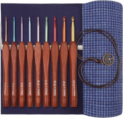 Haaknaalden Set met Houten Handvat en Pennenhouder - 9 Stuks 2mm-6mm, Ergonomisch en Comfortabel voor Beginners en Mensen met Gewrichtsproblemen