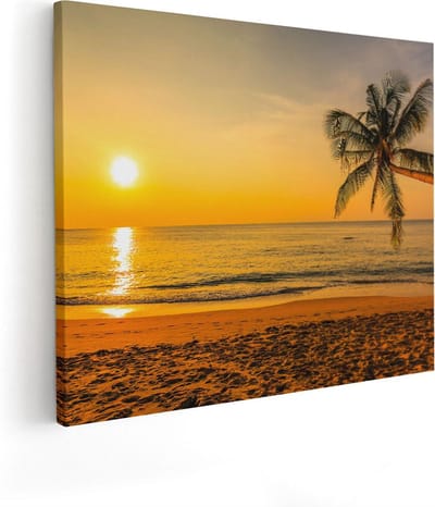 Artaza Canvas Schilderij Zonsondergang Strand - 50x40 cm - Wanddecoratie Palmboom - Muurdecoratie Zee - Kamer Accessoires Woonkamer