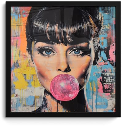 Poster in lijst - Fotolijst 40x40 cm - Posters - Kauwgom - Vrouw - Penseelstreken - Modern - Posterlijst zwart - Decoratie - Wanddecoratie woonkamer - Muurdecoratie slaapkamer