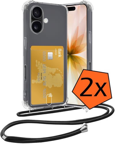 Hoesje Geschikt voor iPhone 17 Hoesje Met Telefoonketting Pasjeshouder Shockproof Case Koord - Hoesje Geschikt voor iPhone 17 Hoes Met Kaarthouder - Transparant - 2 PACK