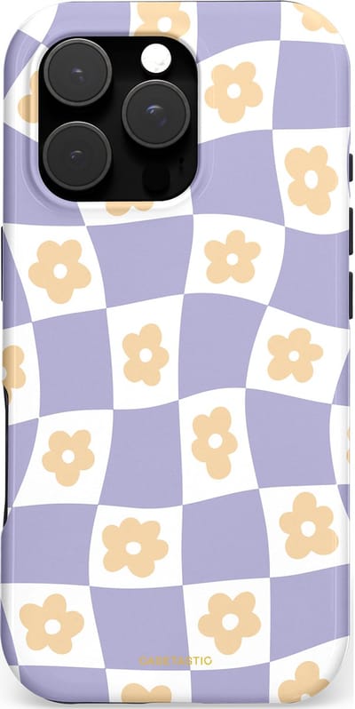 Casetastic hoesje geschikt voor Apple iPhone 16 Pro - MagSafe - Dubbellaagse bescherming - Kronkelende madeliefjes - Fashion Case - Lila Wit Zand Lichtgrijs