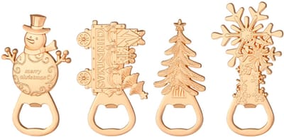 4 x Bieropener - Flessenopeners - kerstversiering - 4 Feestelijke Ontwerpen (Sneeuwpop, Boom, Sneeuwvlok, Kerst slee) - metaal