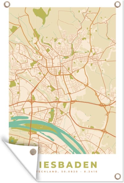 Muurdecoratie Plattegrond - Wiesbaden - Kaart - Stadskaart - Vintage - 120x180 cm - Tuinposter - Tuindoek