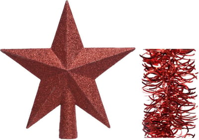 Kerstversiering kunststof glitter ster piek 19 cm en golf folieslingers pakket rood van 3x stuks - Kerstboomversiering