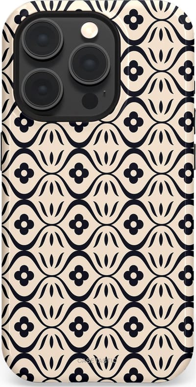 Casetastic hoesje geschikt voor Apple iPhone 15 Pro - MagSafe - Dubbellaagse bescherming - Retro crème-zwarte bloemenprint - Fashion Case - Crème Grijs Donkergrijs