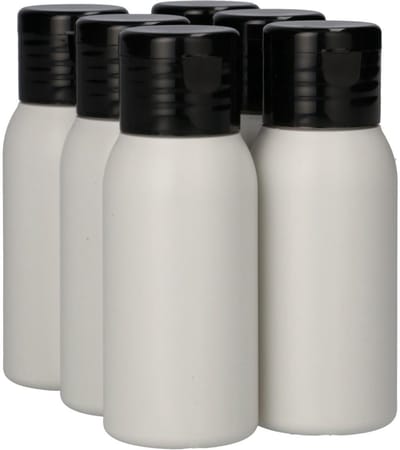 6 x Gerecyclede Plastic Fles 50 ml Klepdop Zwart - Rond - HDPE- Gerecycled HDPE Kunststof - Onbreekbaar - ca. 70% minder Co2 uitstoot door gerecycled materiaal - 6 stuks