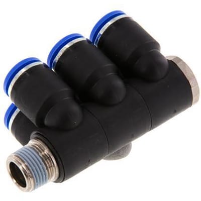 12mm x R3/8'' 6-way Manifold Messing/PA 66 Insteekfitting Buitendraad Draaibaar NBR