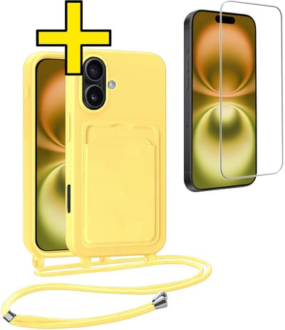 Hoesje Geschikt voor iPhone 16 Plus Telefoonhoesje Met Koord Case Pashouder Met Screenprotector Siliconen - Hoes Geschikt voor iPhone 16 Plus Hoesje Met Kaarthouder - Geel