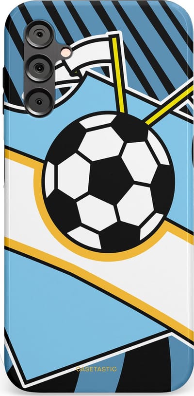 Casetastic hoesje geschikt voor Samsung Galaxy A14 (2023) 5G / Samsung Galaxy A14 (2023) 4G - Dubbellaagse bescherming - Kampioensbal - Fashion Case - Lichtblauw Zwart Wit