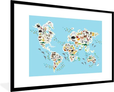 Poster in lijst voor kinderen - Schilderij kinderkamer - Wanddecoratie kinderen - Wereldkaart - Kinderen - Dieren - Blauw - Jongens - Meisjes - 120x80 cm