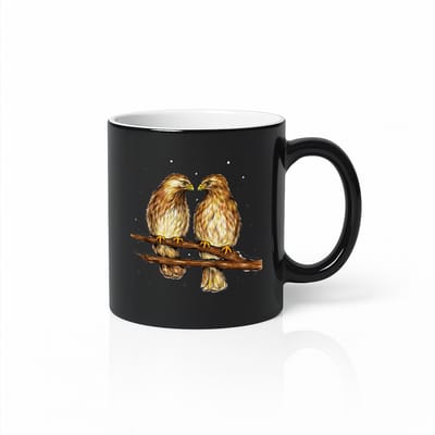Love Birds Black Magic Mok 330ml – Zwarte Koffiemok met Romantische Vogel Illustratie – Perfect Cadeau voor Koppels