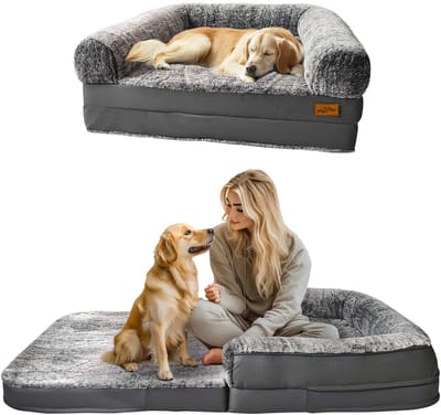 BingoPaw opvouwbaar hondenbed voor mensen - Orthopedisch traagschuim hondenbed voor grote honden - Waterdicht huisdierenbed voor mensen - Kunstbont huisdierenbank voor volwassenen - Grijs - 180 x 95 x 28 cm