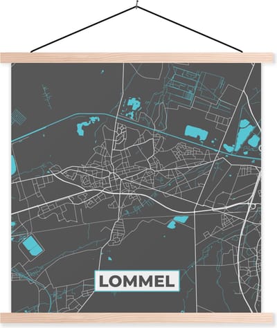 Posterhanger incl. Poster 40x40 cm - Schoolplaat - Stadskaart – Grijs - Kaart – Lommel – België – Plattegrond - Textielposter - Blanke latten - Stadskaart