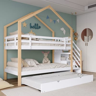 MODENUIT Stapelbed 90x200 cm – Uitschuifbed 90x190 cm – Trap met 4 Lades – Huisvormig – Zonder matras – Wit/Naturel