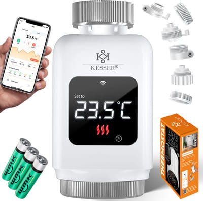 KESSER® 4x Slimme Radiatorknop Thermostaatkop Radiator Kraan | Radiatorthermostaat Knop met app-bediening en LCD-scherm - Vierkant, Wit