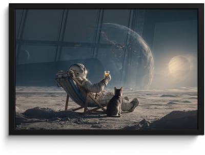 Poster in lijst - Fotolijst 60x40 cm - Posters - Maan - Kat - Astronaut - Ruimte - Posterlijst zwart - Decoratie - Wanddecoratie woonkamer - Muurdecoratie slaapkamer