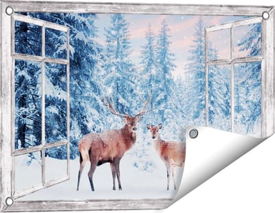 Gards Tuinposter Doorkijk Twee Herten in het Bos met Sneeuw - 60x40 cm - Tuindoek - Tuindecoratie - Wanddecoratie buiten - Tuinschilderij