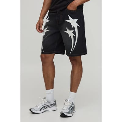 Relaxed Denim Short Met Ster Contrastnaad | Black | Size 30