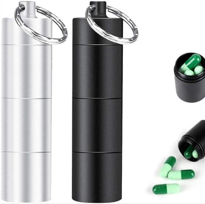 2 stuks - Pillendoos - Medicatie opbergdoos - 22MM*22MM*86MM - Aluminiumlegering - Waterdichte pillendoos - 3 vakken - Reispillenhouder - Medicijnenorganizer voor reizen, wandelen (zwart + zilver)