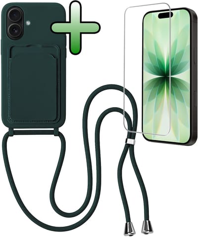 Hoes Geschikt voor iPhone 17 Hoesje Pas Houder Case Hoes Met Koord Met Screenprotector - Hoesje Geschikt voor iPhone 17 Hoes Met Telefoonkoord Pasjeshouder Cover - Donkergroen