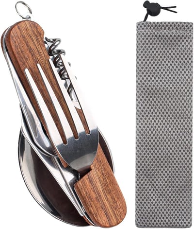 6-in-1 Camping Bestekset met Houten Handvat, Opvouwbaar RVS Bestek voor Buiten, Ideaal voor Kamperen, Wandelen en Picknicken