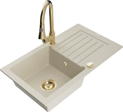 Mexen Pablo granieten spoelbak 1-kom. met afdruiprek en keukenkraan Elia, beige - 6510-69-670101-50