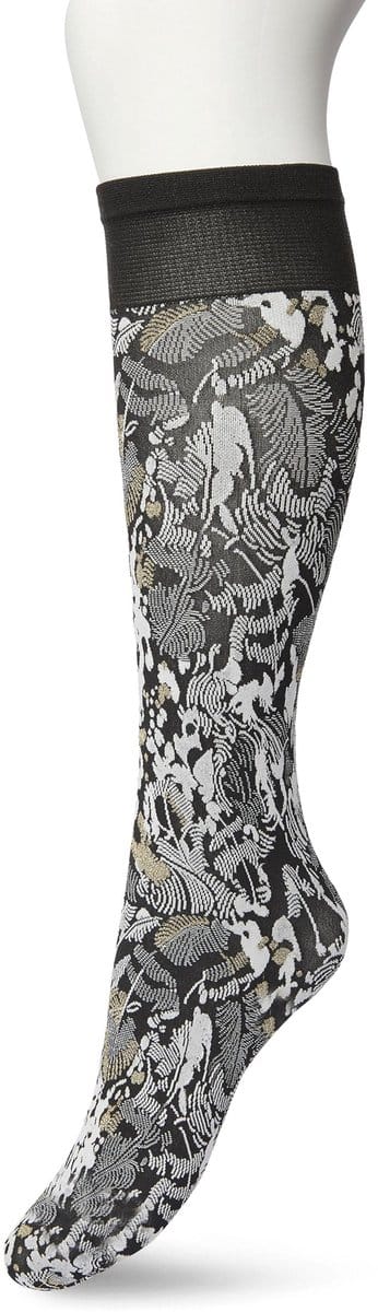 Bonnie Doon Dames Panty Kniekous met Bloemen maat 36/42 Zwart - Luxe Kniekous met Lurex Glansdraden - Glitters - Botanische Knie Sokken - Pantykousen - Botanical Lurex Knee High - Gladde Naden - Zeer Comfortabel - Black - BP211508.101