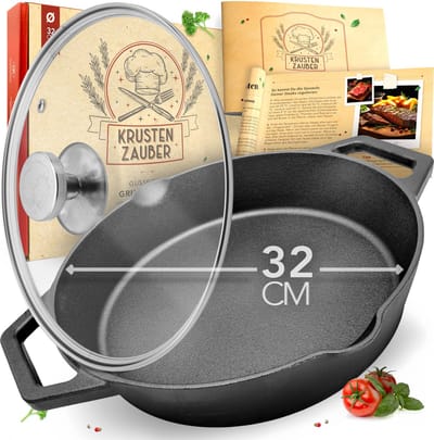 KRUSTENZAUBER koekenpan 24 cm inclusief glazen deksel - paella pan - gietijzeren pan - Hapjespan voor gas, inductie, elektrisch fornuis