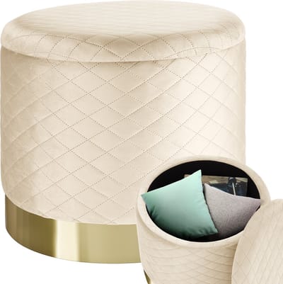 tectake® Kruk met opbergruimte - Ronde poef met quiltpatroon van fluweelstof - Tot 300 kg belastbaar - Gewatteerd - Afneembare deksel - Groot opbergvak - Sokkel in goudkleur - Afmeting (ØxH) 51 x 44,5 cm - Creme