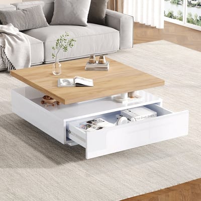 DESMIU Salontafel - Draaibaar Bovenblad Met Verzonken Opberglade - Woonkamer En Werkkamer - Spaanplaat - Walnoot Wit - 70x70x36 Cm