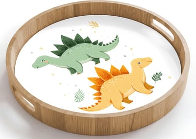 Dienblad rond 40x40 cm - Schootdienblad hout - Sterren - Stegosaurussen - Blaadjes - Groen - Borrelplank rechthoek - Plateau houten dienbladen