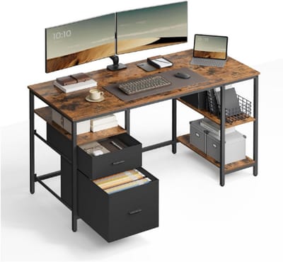 Vasagle Computerbureau - 140 X 60 X 76 Cm - Schrijfbureau Met 3 Planken En 2 Laden - Industrieel Design - Thuiskantoor En Woonkamer Bureau - Rustiek Bruin En Inktzwart