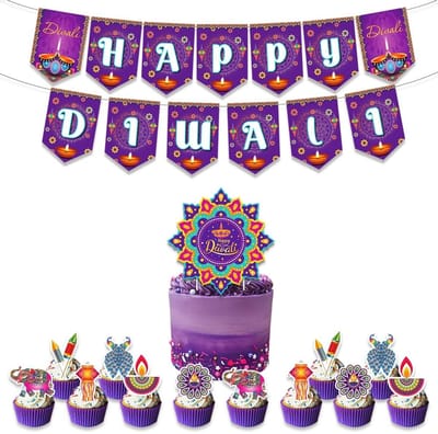 Dailygoods- Feestdecoratie Paarse Diwali - Happy Banner - Cupcake Toppers - Taart Topper - Diepteversiering - Karton - Meerdere Toepassingen - Feestversiering