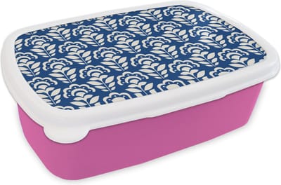 Broodtrommel Roze - Lunchbox Zonnebloem - Blauw - Design - Brooddoos 18x12x6 cm - Brood lunch box - Broodtrommels voor kinderen en volwassenen