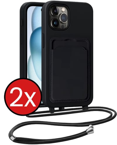 Hoesje Geschikt voor iPhone 14 Pro Hoesje Met Telefoonkoord en Pasjeshouder Siliconen - Hoes Geschikt voor iPhone 14 Pro Hoesje Met Kaarthouder Case - Zwart - 2 PACK