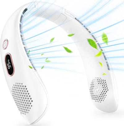 Draagbare Bladloze USB Halsventilator, Stil, 360° Luchtstroom, Oplaadbaar 3 Snelheden, Voor Kantoor, Huis, Reizen & Buiten, Wit