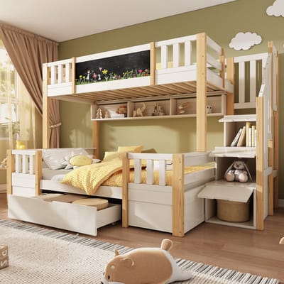 Driepersoons Stapelbed - 90x200 en 140x200 - Met Opbergtrap En Lades - Massief Hout - Wit en Naturel