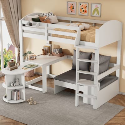 Sweiko Hoogslaper - 90 x 200 cm - Kinderbed - Uitschuifbaar bureau - Gestoffeerde bank - 3 kussens - Wit