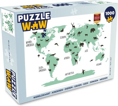 Puzzel Wereldkaart - Kinderen - Dieren - Groen - Kids - Jongen - Meiden - Legpuzzel - Puzzel 1000 stukjes volwassenen