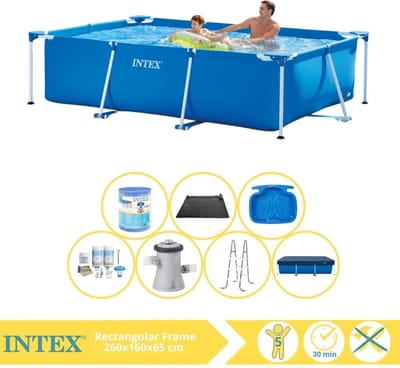 Intex Rechthoekig Frame Zwembad - 260 x 160 x 65 cm - Blauw - Inclusief Afdekzeil - Onderhoudspakket - Zwembadfilterpomp - Filter - Solar Mat - Ladder - Voetenbad - 8-delig