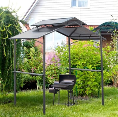 MEUNIQ barbecue overkapping 240 x 150 x 250 cm met polycarbonaat dak, dubbel ventilatiedak, 2 zijplanken en stalen frame voor tuin of terras, zwart en bruin