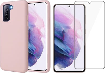 Hoesje geschikt voor Samsung Galaxy S21 FE - Matte Back Cover Microvezel Siliconen Case Hoes Roze - Tempered Glass Screenprotector