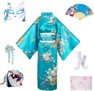 Elegante Kimono voor Vrouwen, Japanse Yukata Satin Badjas met Ceintuur, Cosplay Kostuum Set met Accessoires en Cadeaubox
