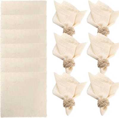 Beige stoffen servetten met franjes, 12 stuks linnen servetten met 10 m koord, katoenen tafellakens voor familiefeesten, bruiloften en verjaardagen, 42 x 42 cm, duurzaam en stijlvol