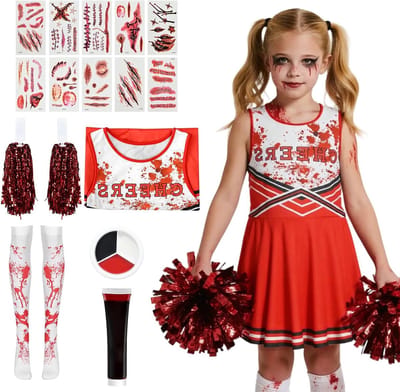 Zombie Cheerleader Kostuum voor Meisjes en Vrouwen, Compleet Set met Pompoms, Nepbloed, Sokken, Make-up Palette en Tatoeages voor Halloween en Carnaval Feest