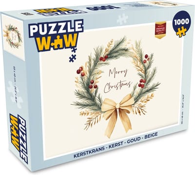 Puzzel Kerstkrans - Kerst - Goud - Beige - Legpuzzel - Puzzel 1000 stukjes volwassenen - Kerst - Cadeau - Kerstcadeau voor mannen, vrouwen en kinderen