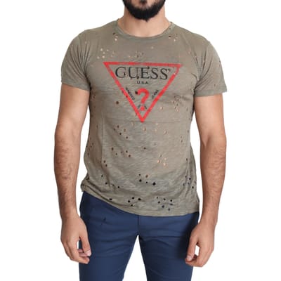 Guess Bruine Katoenen Stretch Logo Print Heren Casual Geperforeerde T-shirt