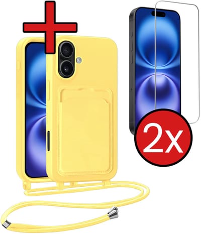 Hoesje Geschikt voor iPhone 16 Plus Hoesje Met Telefoonkoord en Pasjeshouder Met 2x Screenprotector Siliconen - Hoes Geschikt voor iPhone 16 Plus Hoesje Met Kaarthouder Case - Geel